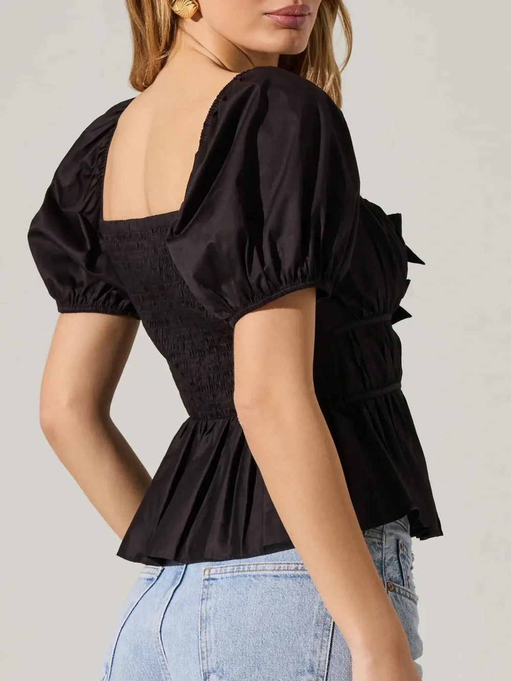 ASTR The Label Smocked Peplum Shirt in Black Size S